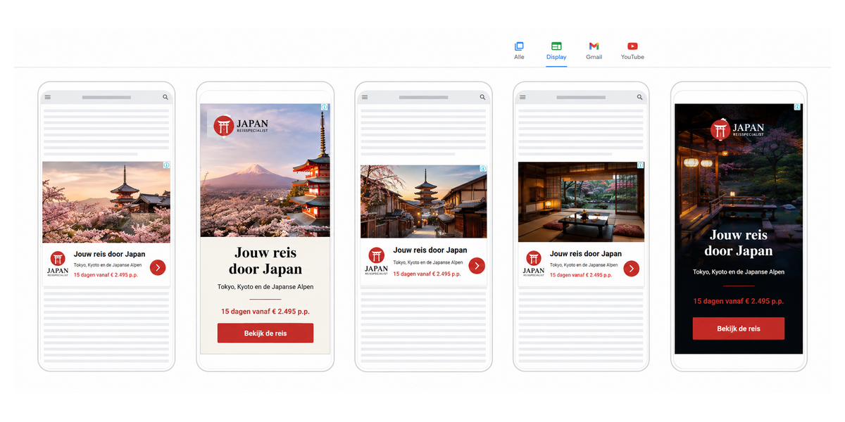 Voorbeelden van Demand Gen-advertenties voor een vakantie naar Japan