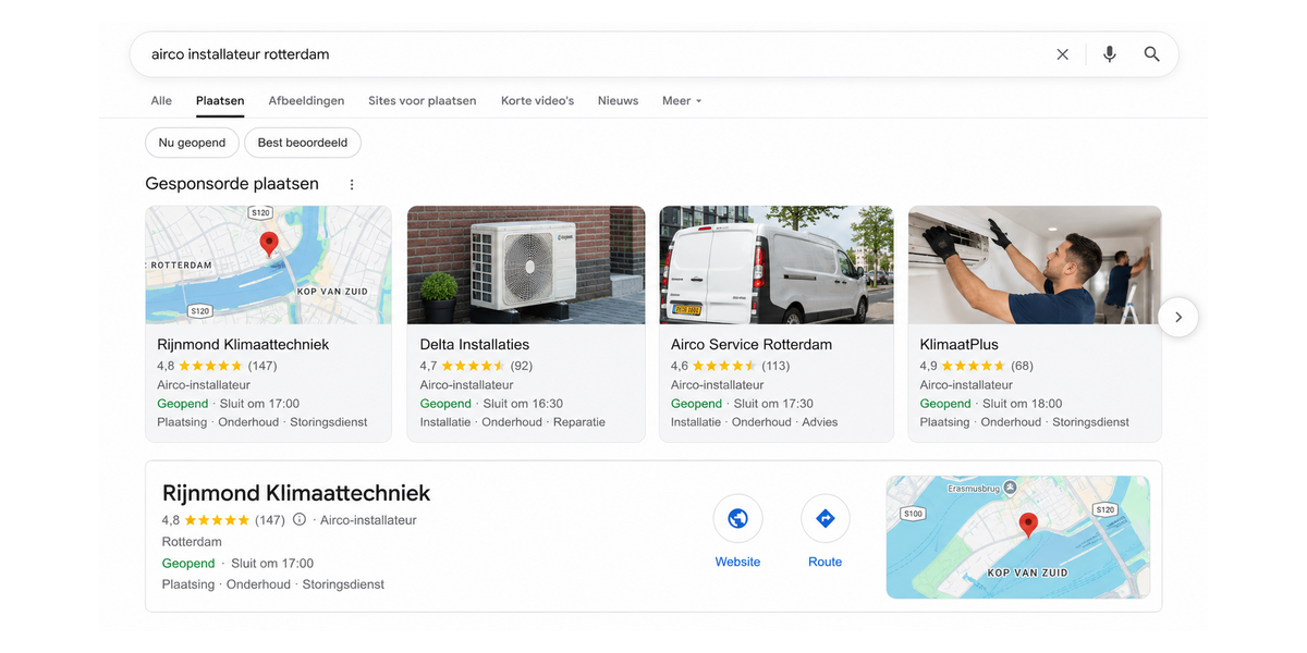 Voorbeeld van een lokale Performance Max-advertentie voor installateurs in Google Maps