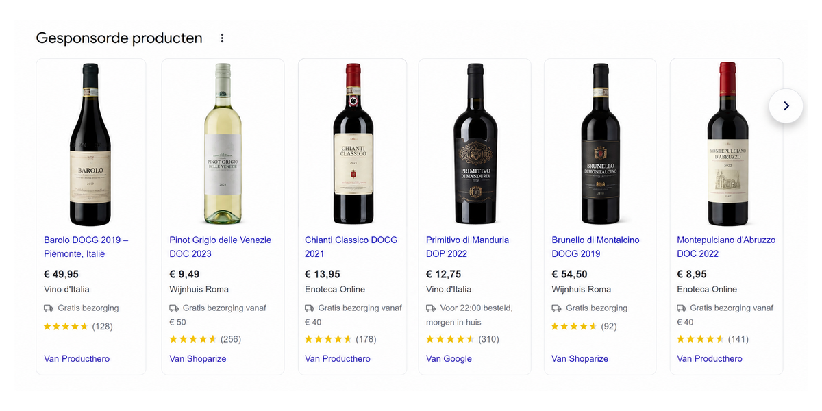 Voorbeeld van Google Shopping-advertenties voor Italiaanse wijnen