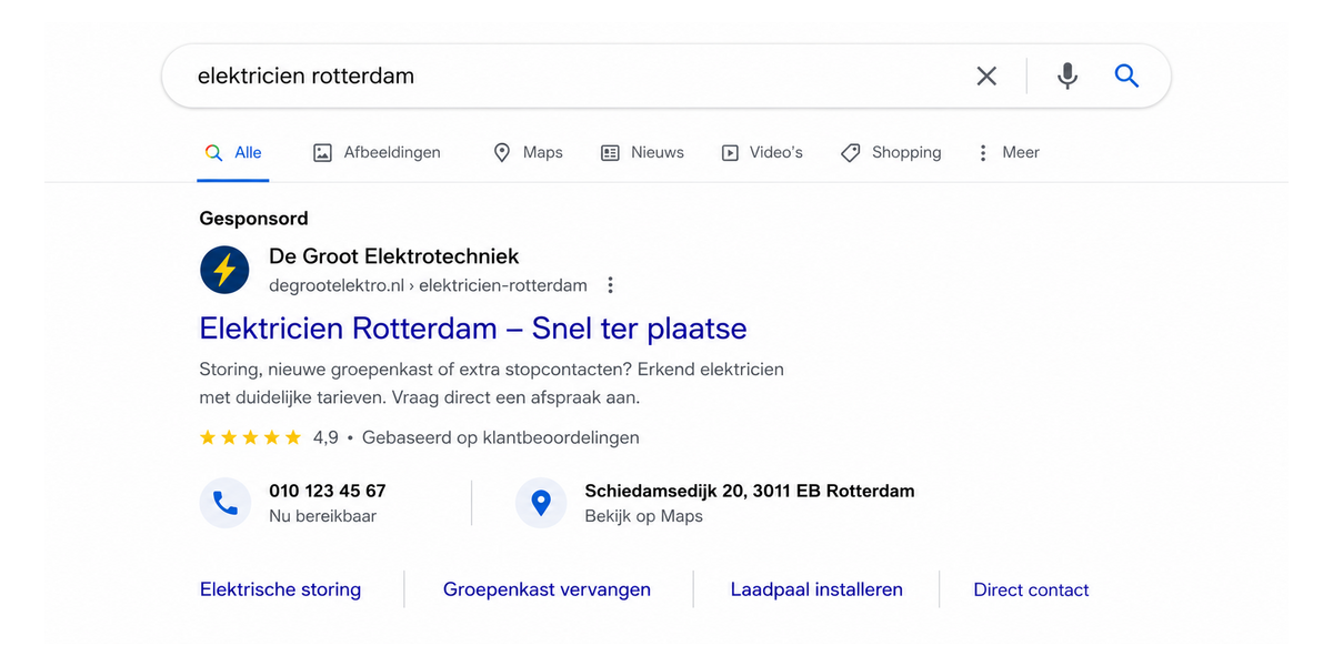 Voorbeeld van een Google-zoekadvertentie voor een elektricien